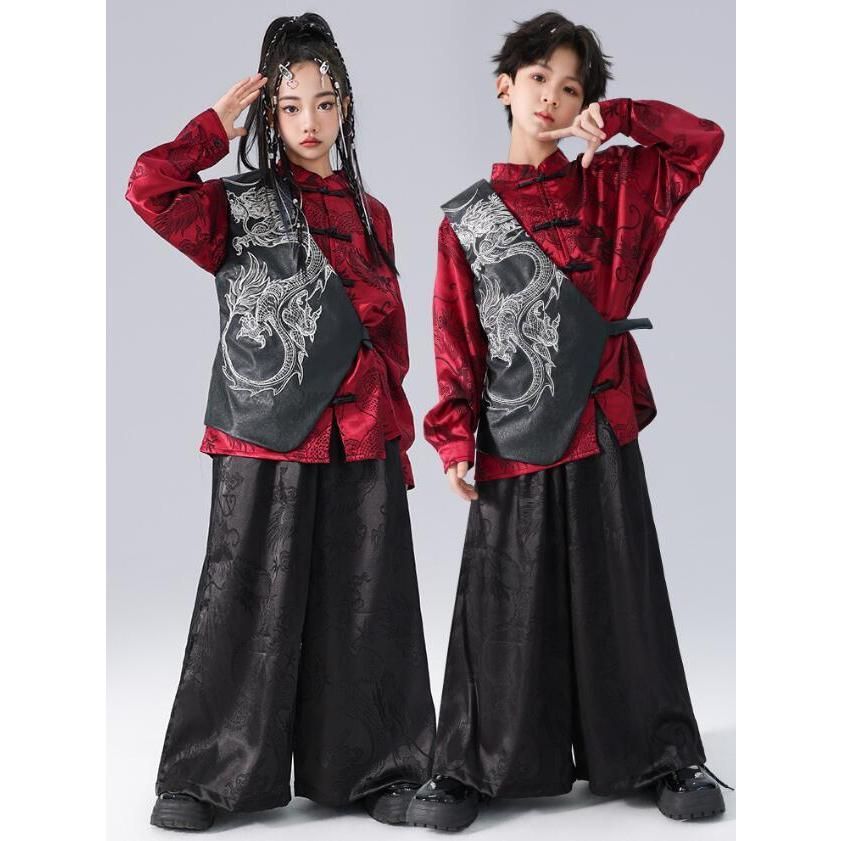 ♥ 中華風子供ヒップホップダンス衣装 キッズ漢中華風唐装服セット 龍柄チャイナ風長袖シャツ ガウチョパンツ 太 拳 春秋2点|3点セットア BJ0903ML518