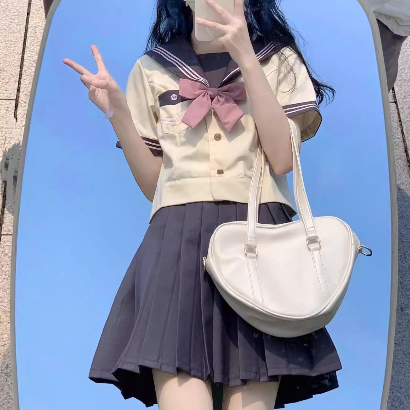 日本の柔らかい女の子夏の新しいJKプリーツスカート制服カレッジスタイルスーツ半袖グレーとピンクのセーラー服トップス女性潮 - メルカリ