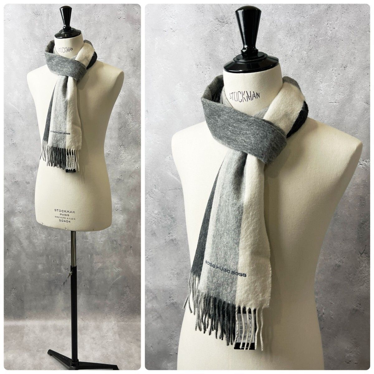 ●未使用品　HUGO BOSS ヒューゴボス ウールマフラー　刺繍ロゴ イギリス製 新品 HUGO BOSS ヒューゴボス / カシミヤ入り ロゴ