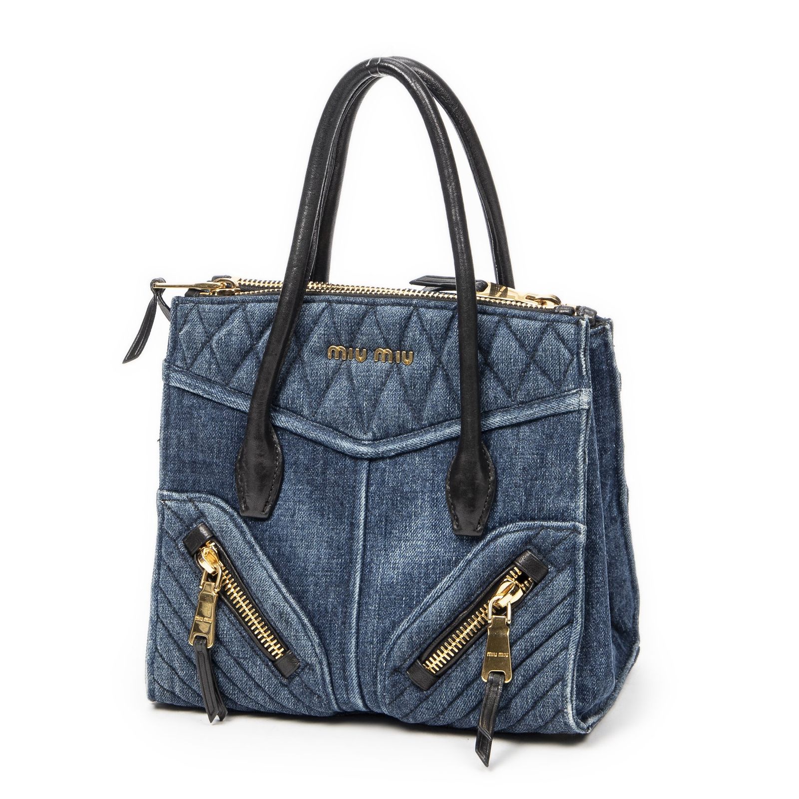 MIU MIU ミュウミュウコンバーチブルトートブルーデニム 黒マトラッセデニムキャンバスAB