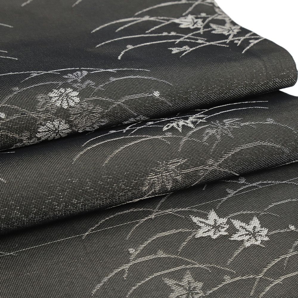 美品 シックな唐草模様 黒 春夏秋 3シーズン 全通 正絹 洒落帯 名古屋帯 美品 シックな唐草模様 黒 春夏秋 3シーズン 全通 正絹 洒落帯