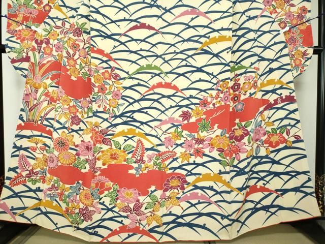 平和屋着物●和染紅型　栗山紅型　栗山吉三郎　振袖　雪芝　露芝　霞吉祥花文　正絹　逸品　DAAU5831ps 平和屋着物○和染紅型 栗山紅型 栗山吉三郎 振袖 雪芝 露芝 霞吉祥花文