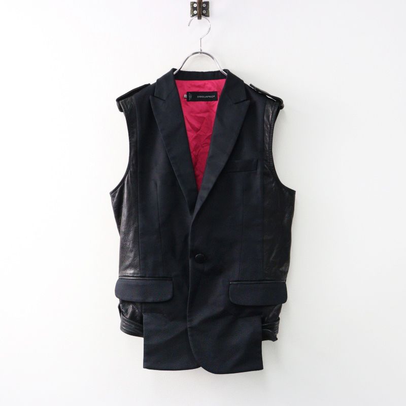 ディースクエアード DSQUARED2 コットンシルクXレザー 前後切替 1B ジレベスト 50 ブラック|黒 上着 2400014415384
