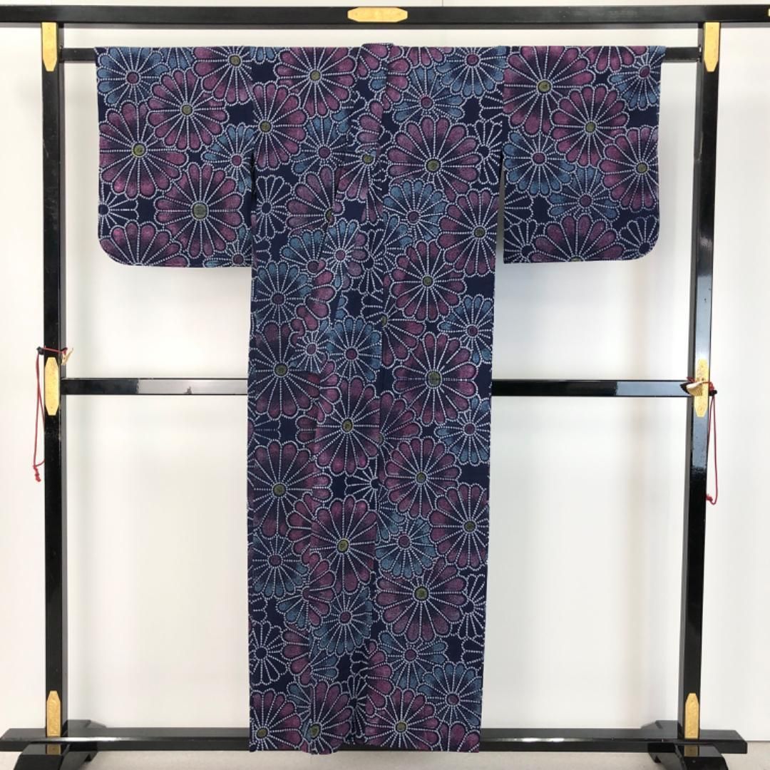 夏着物 浴衣 菊の花模様 しつけ糸 藍色 K-5029 夏着物 浴衣 菊の花模様 しつけ糸 藍色 K-5029 - メルカリ