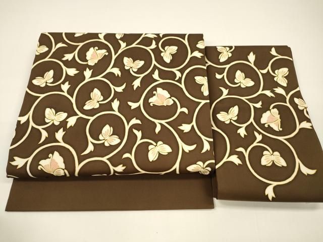 平和屋着物●塩瀬 つけ帯 駒刺繍 舞蝶唐草文 金彩 正絹 DAAY8072cm