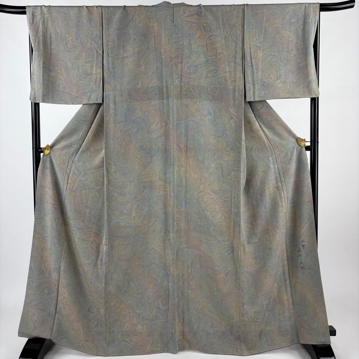 小紋 身丈166.5cm 裄丈68cm L 袷 薗部正則 鈴乃屋 落款 墨流し 灰緑 正絹 名品