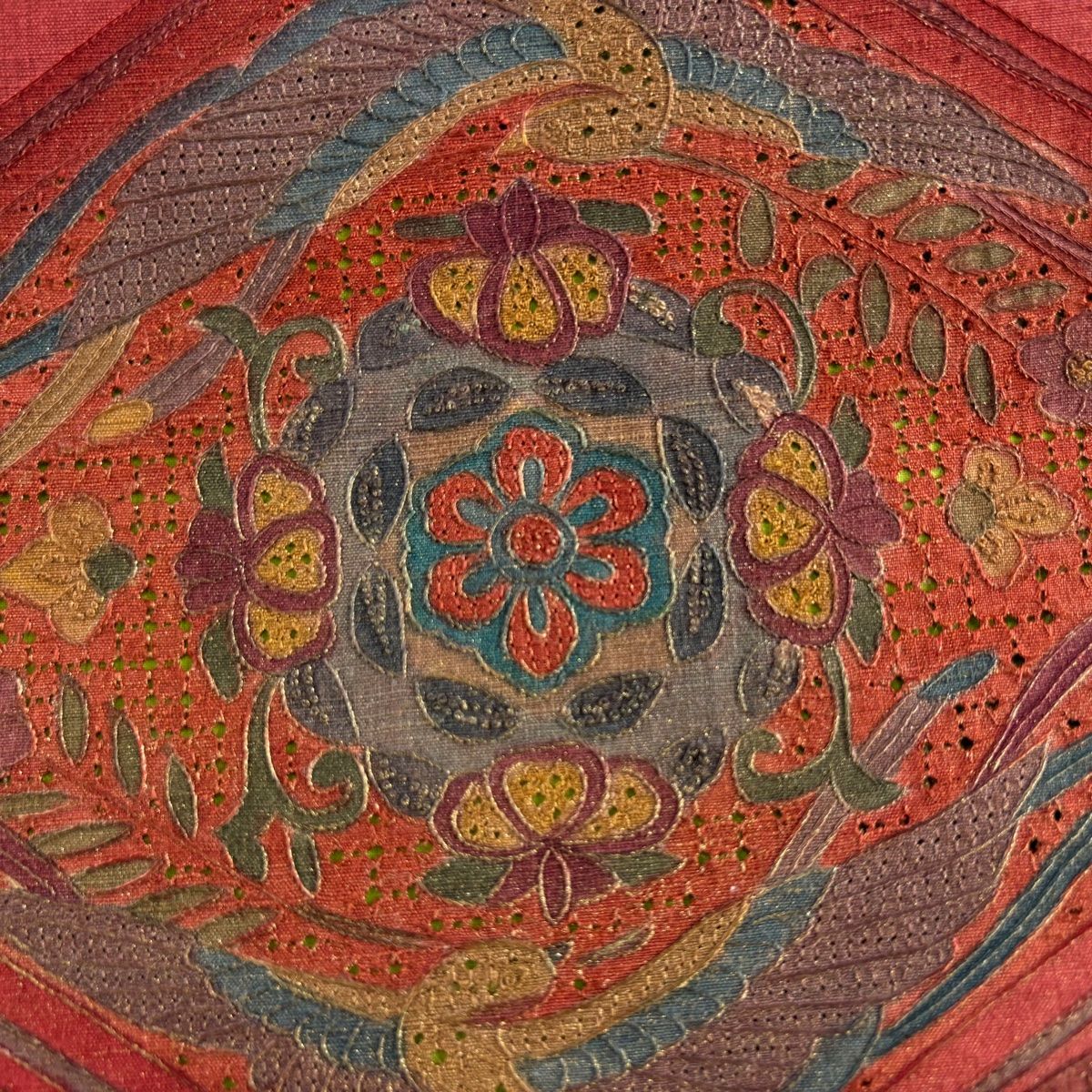 袋帯 美品 秀品 紬地 華文 刺繍 金糸 赤茶 お太鼓柄 正絹 【中古