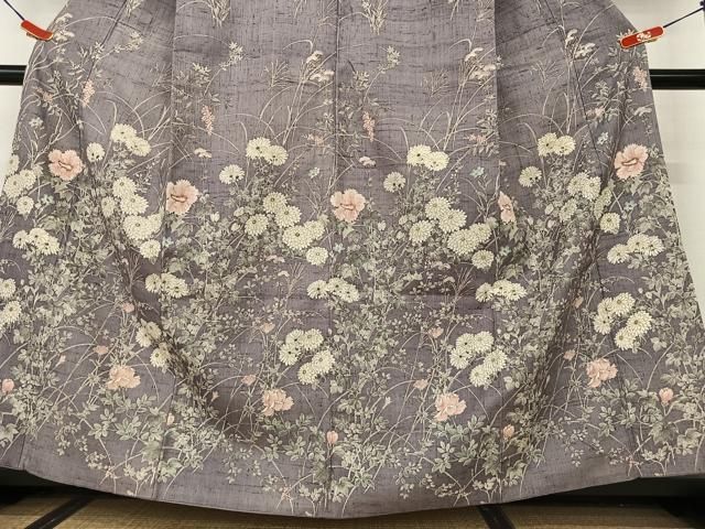 平和屋着物○染織の名門 しょうざん 生紬 訪問着 手描き 草花文 正絹