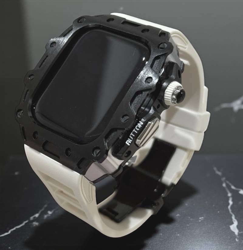 アップルウォッチケース フォージドステンレス ラバー 互換性対応 カスタム カバー 保護 ギフト ４６ｍｍ ベルト バンド セット series10 series11 メンズ レディース ギフト 贈り物 カスタム サンドホワイトブラック