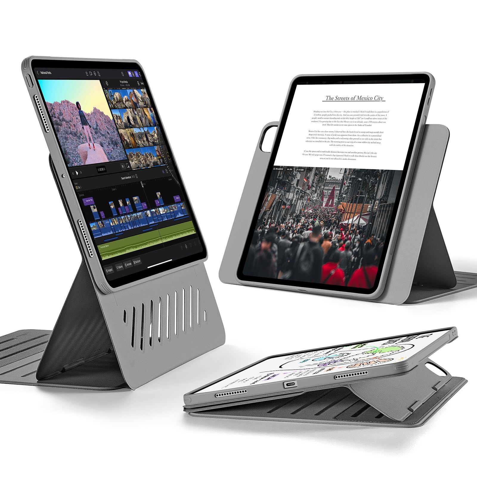 ESR iPad Pro 13インチ ケース M5|M4 2025|2025 取外し なマグネットカバー付き回転式ケース 縦向き|横向きスタンド 6段階の角度調節 Pencil Pro|USB-C完全対応 Shiftシリーズ グレー