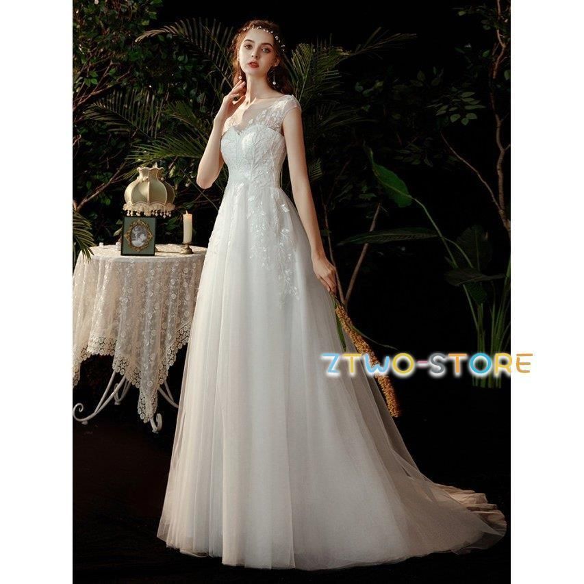 ウエディングドレス 白 結婚式 二次会 花嫁 ドレス ロングドレス トレーン 刺繍 チュール ハイウエスト エンパイアライン Aライン 大きいサ