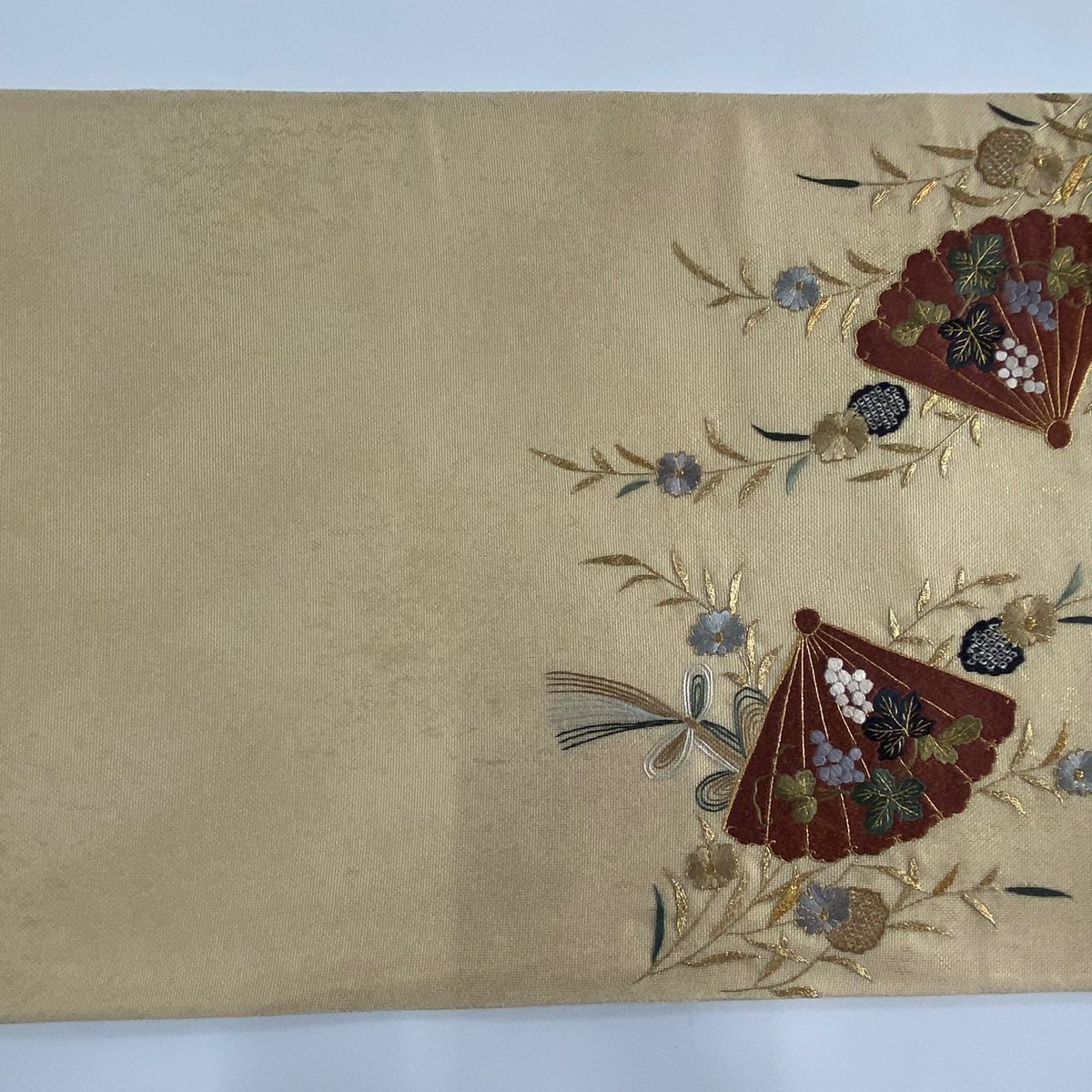 袋帯 美品 秀品 夏帯 紗 扇 流水 箔 刺繍 ベージュ お太鼓柄