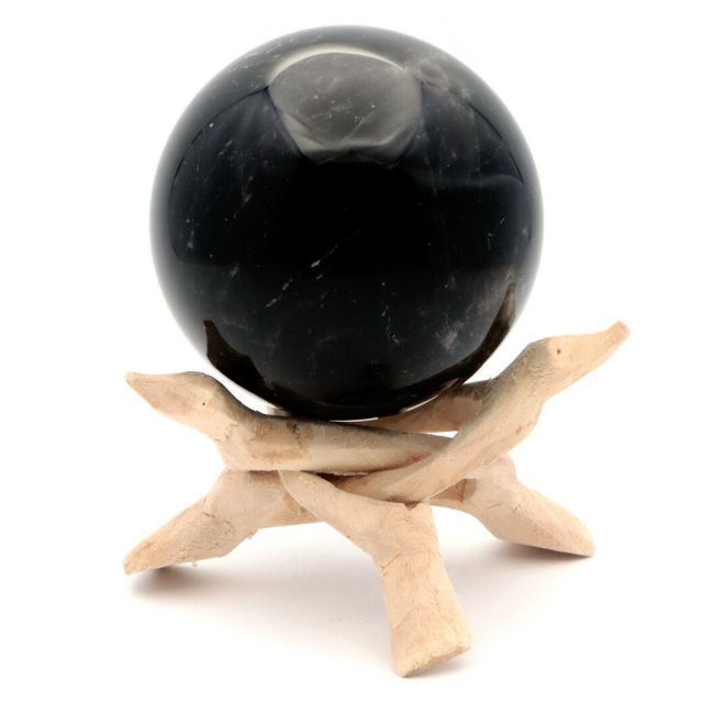 モリオン 黒水晶 丸玉 木製台座付き 直径 78mm 山東省産 天然石