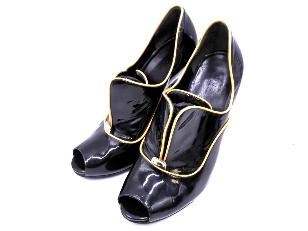 GUCCI グッチ エナメル オープントゥ ブーティー ブーツ size37.5|黒 ◎レディース