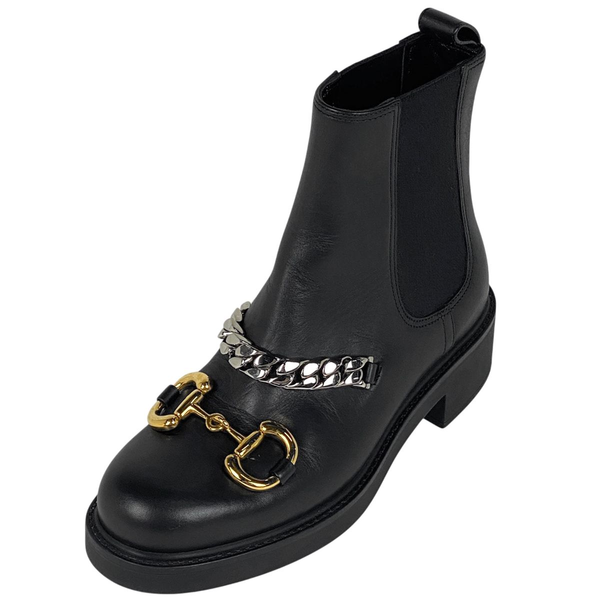 グッチ GUCCI ホースビット チェーン ブーツ チェルシー サイドゴア 靴 ショートブーツ レザー ブラック レディース