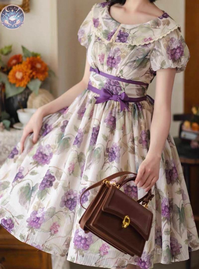♥ ぶどう柄ロリータワンピース お上品なスタイルでデートやお出かけに最適
