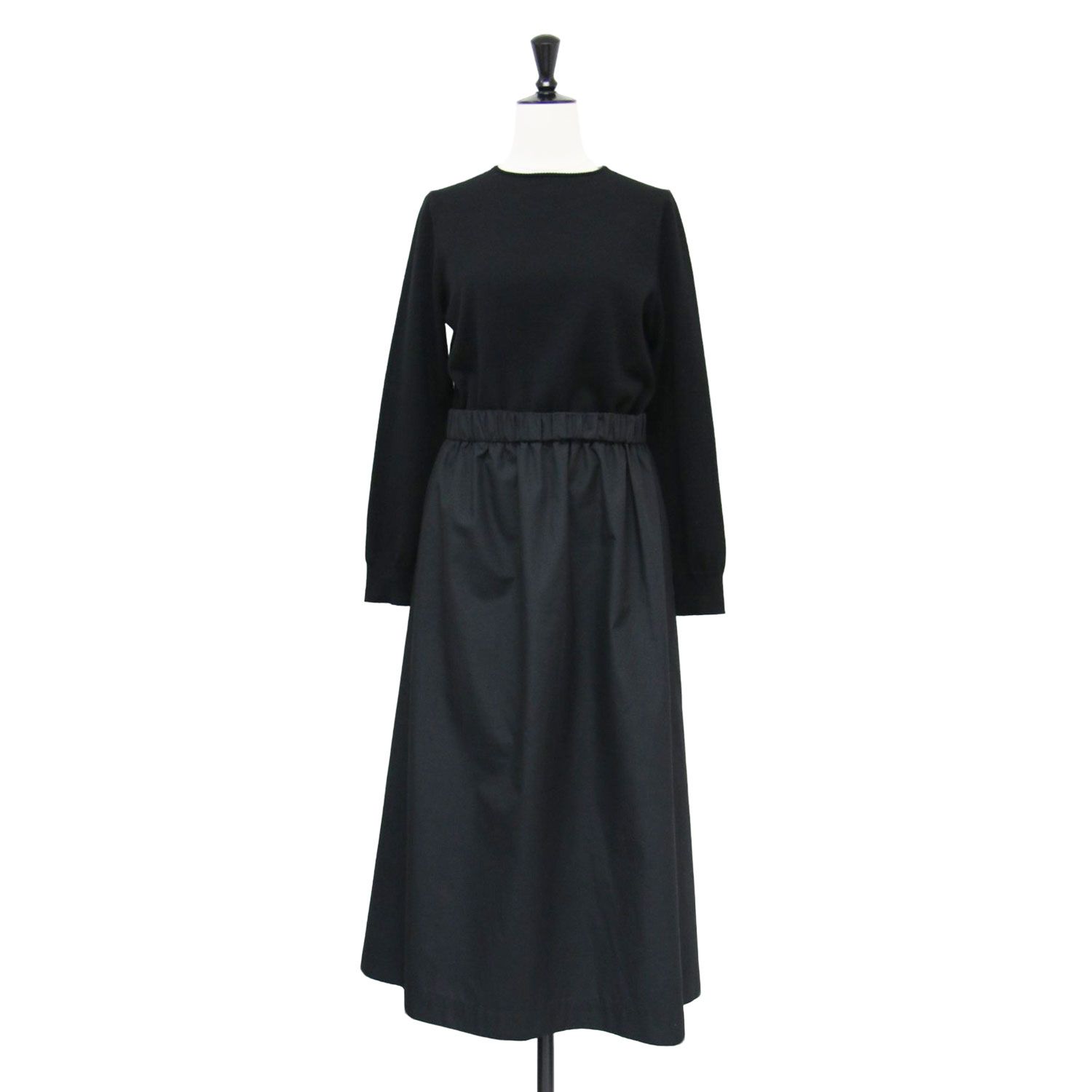 Ballsey ボールジー ワンピース ブラック 黒 サイズ 36 9号 22秋冬 バックパール ワンピース ドレス 長袖 ウエストゴム フ ギャザー 異素材 布帛 ニット トップス レディース