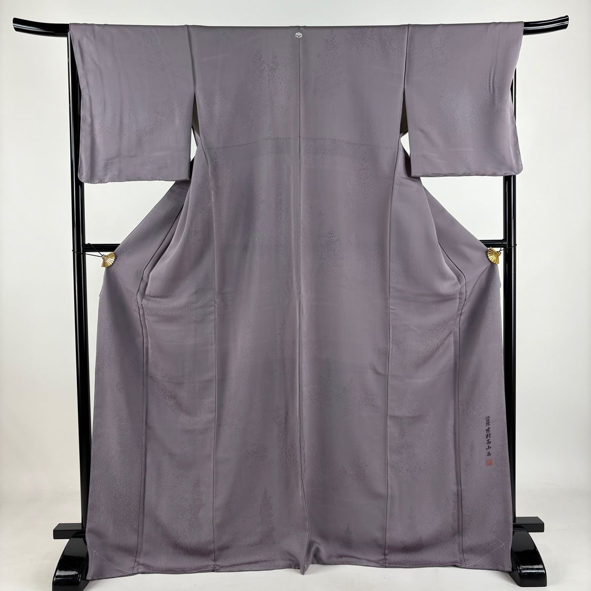 色無地 身丈172cm 裄丈67cm M 袷 木村雨山画 落款 地紋 灰紫 正絹 名品 一つ紋