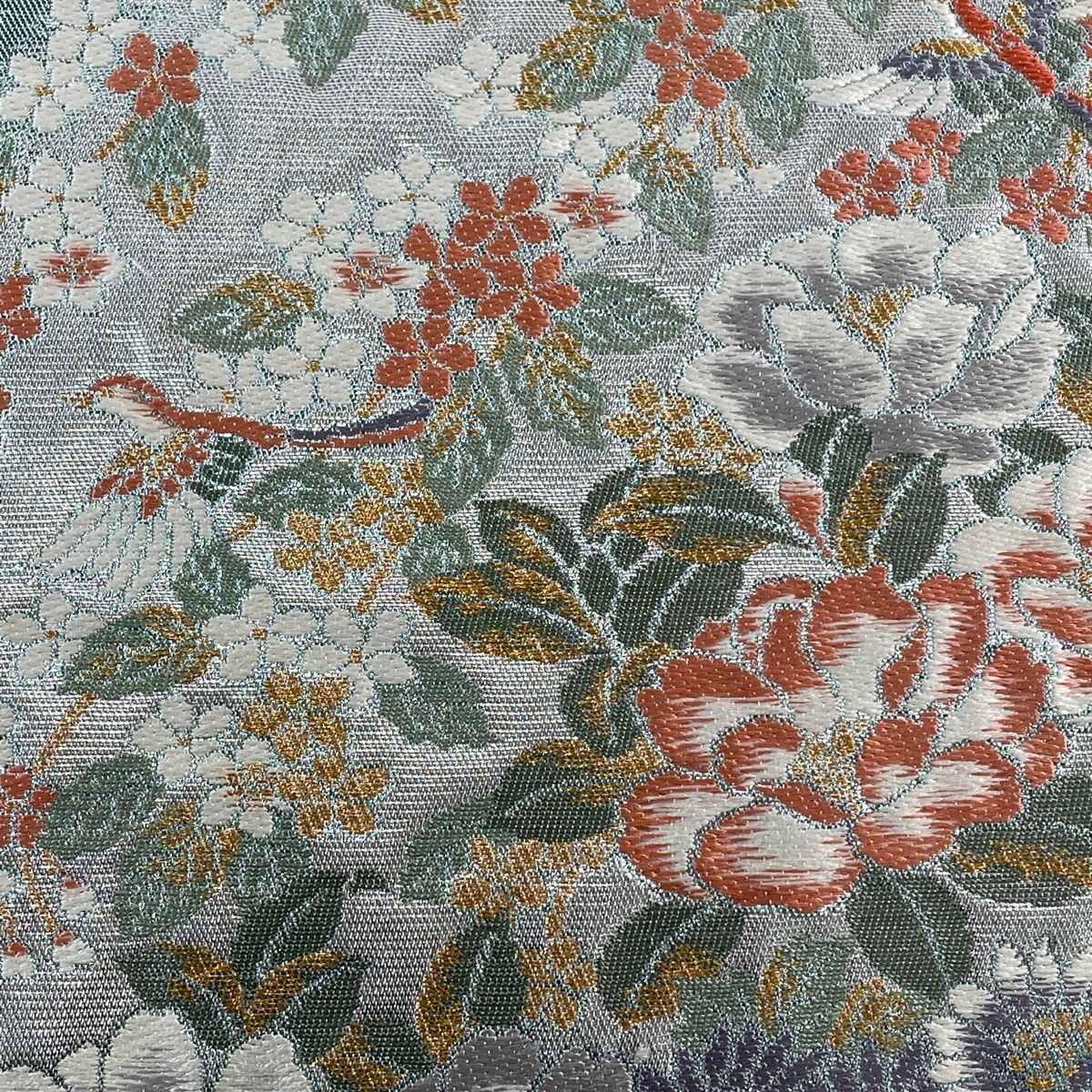 袋帯 美品 秀品 向い鳥 草花 金糸 箔 灰緑 六通 正絹 【中古】