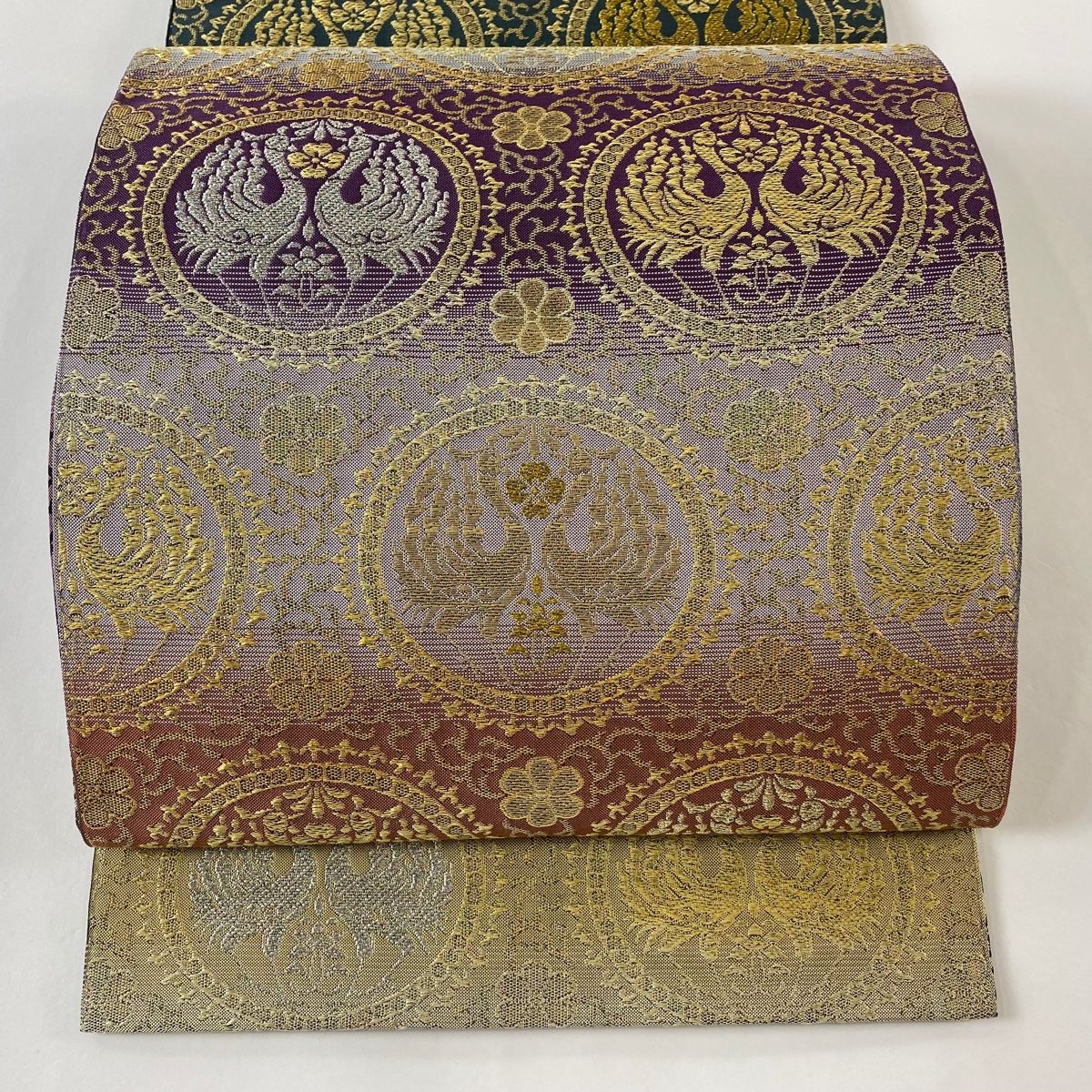 袋帯 美品 名品 鳳凰唐草紋 金銀糸 紫 全通 正絹 【中古