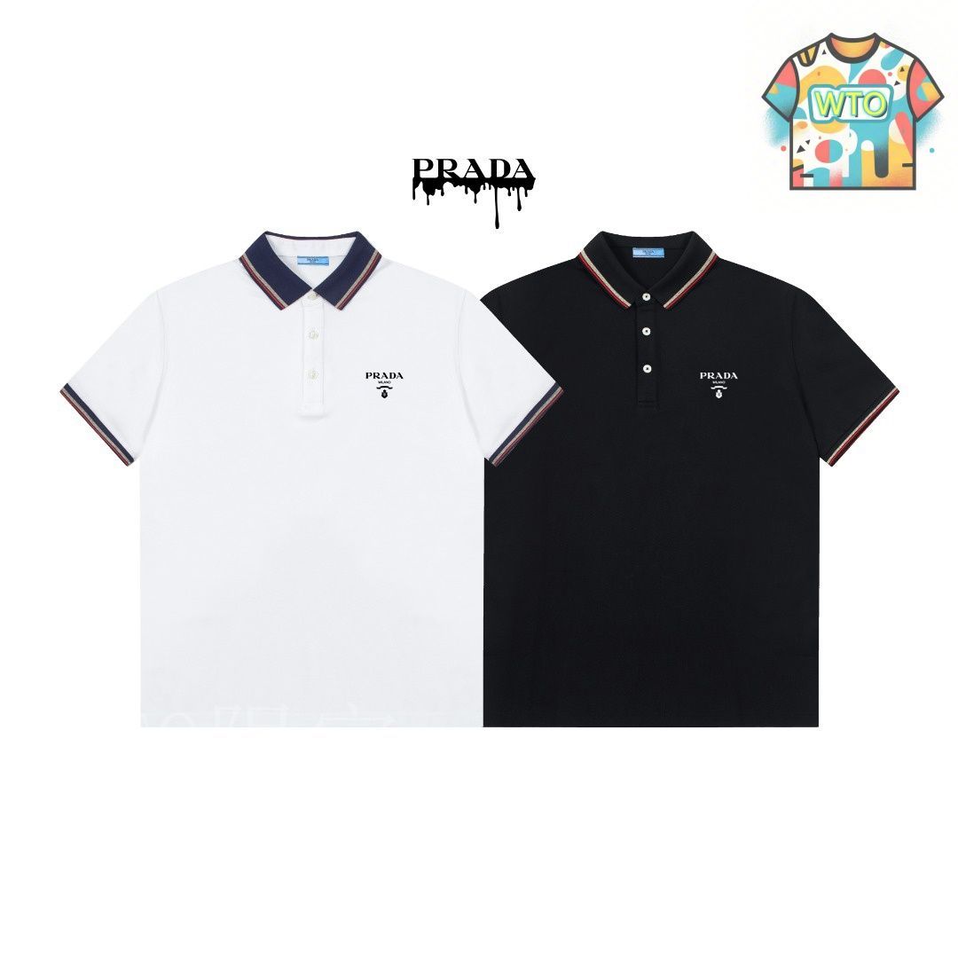 PRADA 青と白のストライプ ポロシャツ PRADA ホワイト ポロシャツ ストライプ襟 Prada ストライプ シャツ