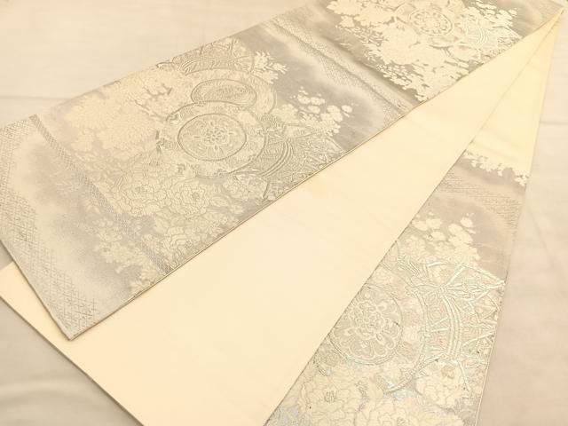 平和屋着物◎六通柄袋帯 唐織 美保姿 鼓花文 銀糸 正絹 逸品