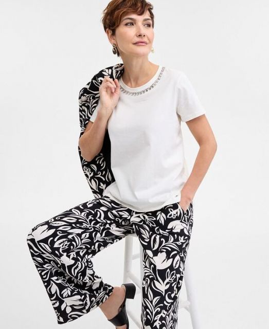 売れ筋商品|||ジェイエムコレクション Tシャツ トップス レディース Women's Embellished Cotton Polished T-Shirt, Exclusively at Macys Neo Natural 送料無料】 ジェイエムコレクション レディース シャツ トップス