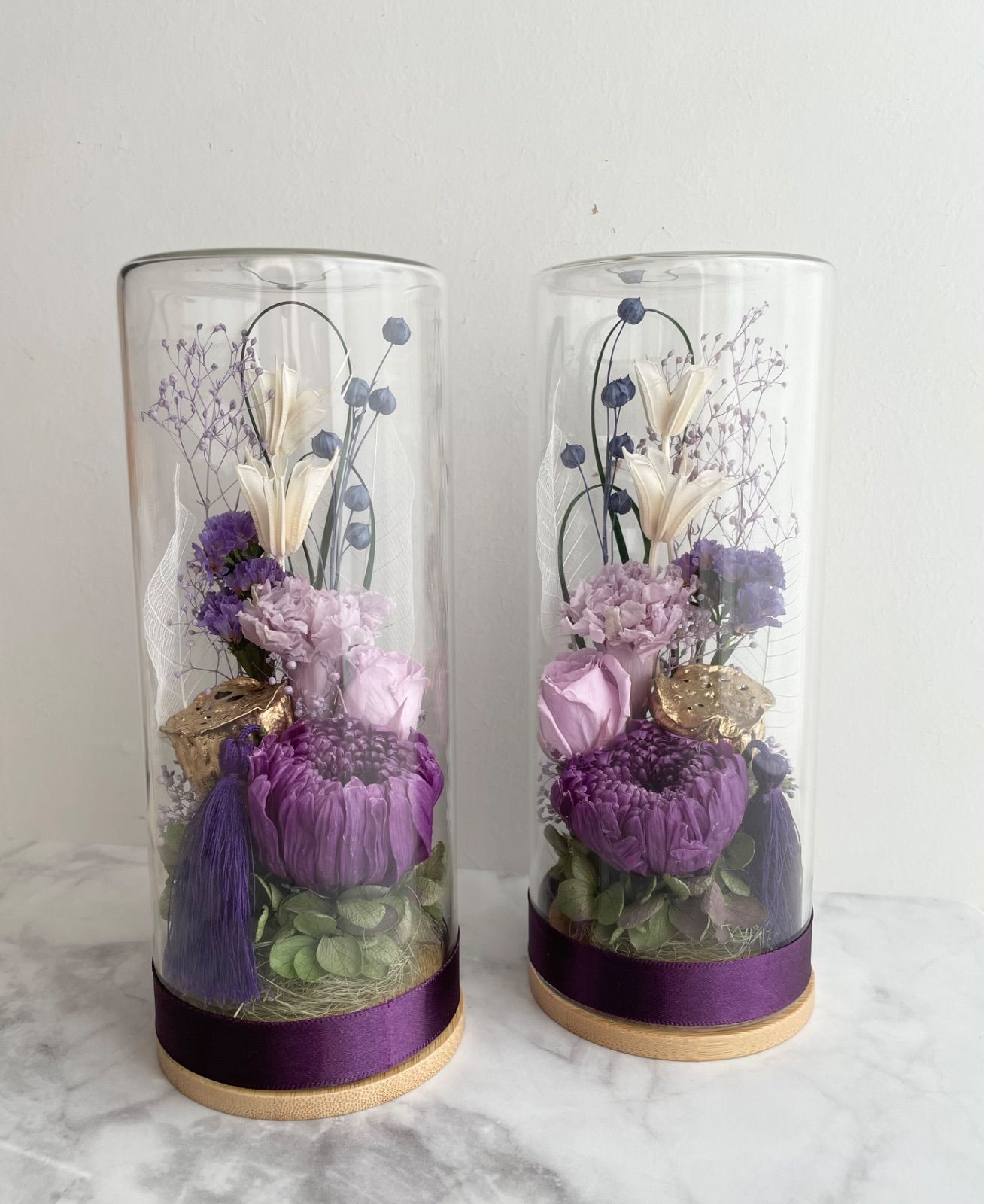 プリザーブドフラワー＊ガラスケース対 輪菊 蓮-タッセル ＊仏花 お彼岸 敬老の日