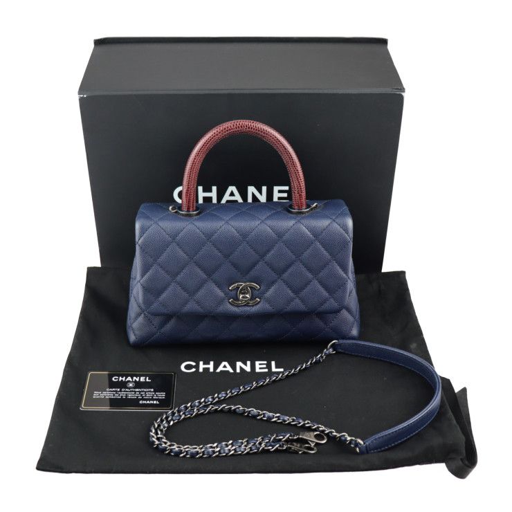 CHANEL シャネル ココハンドル XS ハンドバッグ A92990 リザード キャビアスキン ネイビー ブラウン系 ガンメタル金具 マトラッセ  2WAY ショルダーバッグ ターンロック ココマーク トップハンドル 【本物保証】 - メルカリ