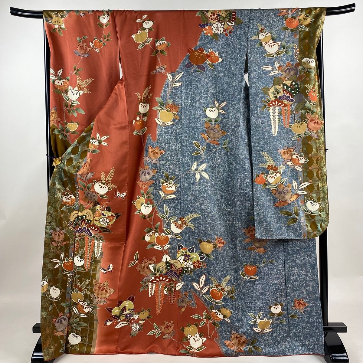 振袖 身丈170cm 裄丈68cm L 袷 橘 蝶 金糸 金銀彩 赤茶 正絹