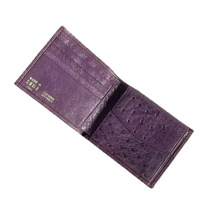 SAWA　オーストリッチ　折り財布　レザー　小銭入れあり　パープル　イタリア製ランク中古A