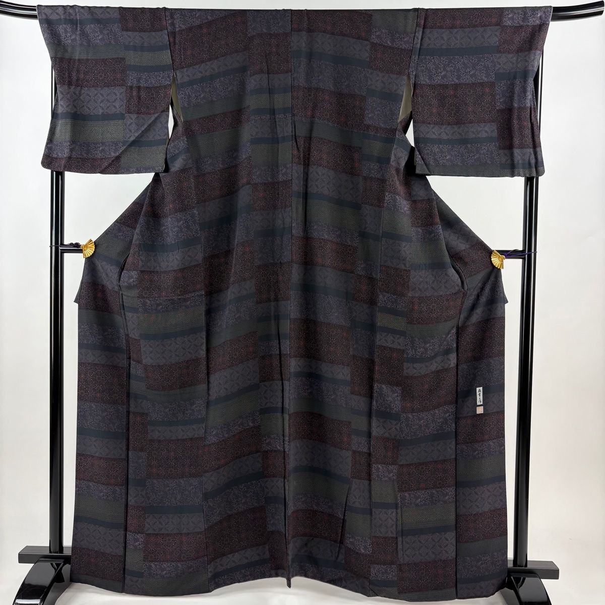 小紋 身丈167.5cm 裄丈67cm M 袷 紬地 縦縞 赤紫 正絹 美品 秀品