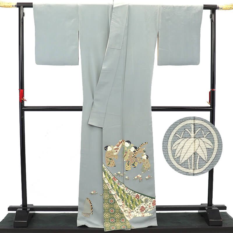 色留袖 三つ紋 丸に根笹 袷 レディース 正絹 灰水色 童子 楽器 落款 身丈171cm 裄丈66cm 結婚式 式典 M~Lサイズ相当 リサイクル着物 リユース着物 着物