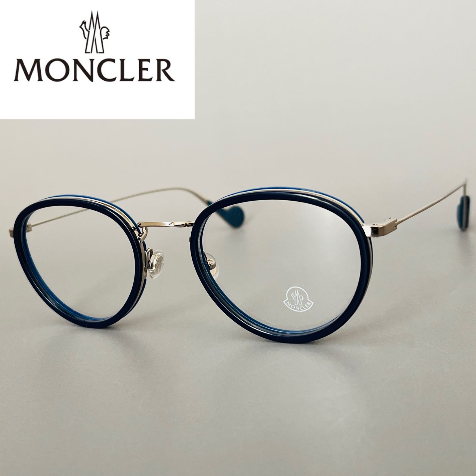メガネ MONCLER モンクレール メンズ レディース 新品 オーバル ブルー シルバー フルリム 眼鏡 コンビフレーム 青 銀 メタル
