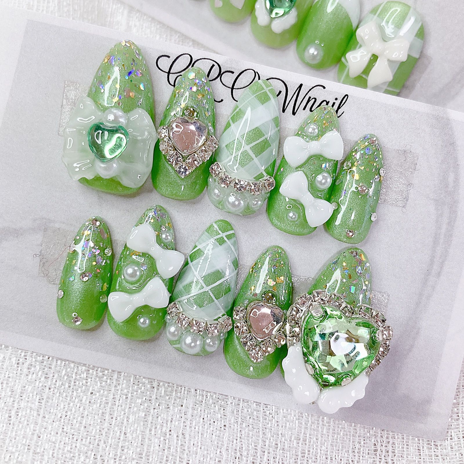 ネイルチップ 量産型 黄緑 推しネイル ツイード ガーリーネイル ¥3150- ネイルチップ 量産型 黄緑 推しネイル ツイード ガーリーネイル ¥3150-