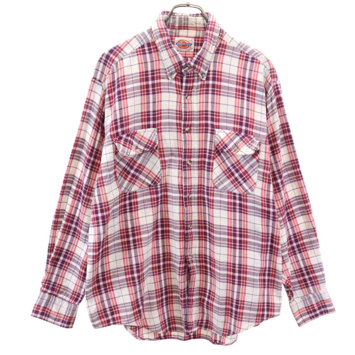 ディッキーズ 80s ヴィンテージ チェック柄 長袖 ボタンダウンシャツ XL レッド系 Dickies メンズ 古着 【240317】