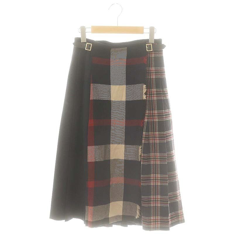 ブルーレーベルクレストブリッジ BLUE LABEL CRESTBRIDGE ベルト付 チェック プリーツスカート ラップスカート 38 紺 赤 アイボリー |MI OS