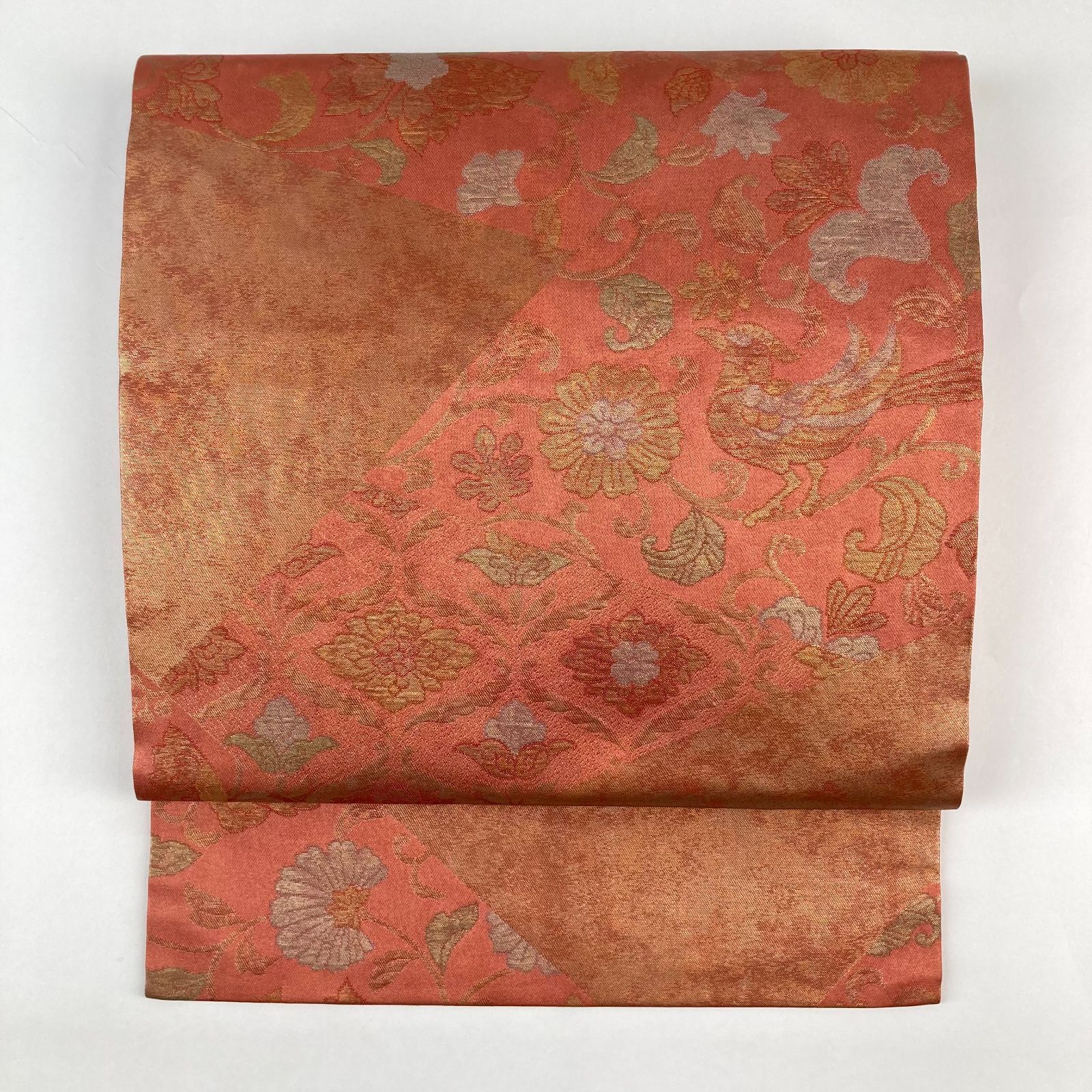 平和屋着物◎九寸名古屋帯 作家物 ろうけつ染め 草花文 鬼しぼ縮緬