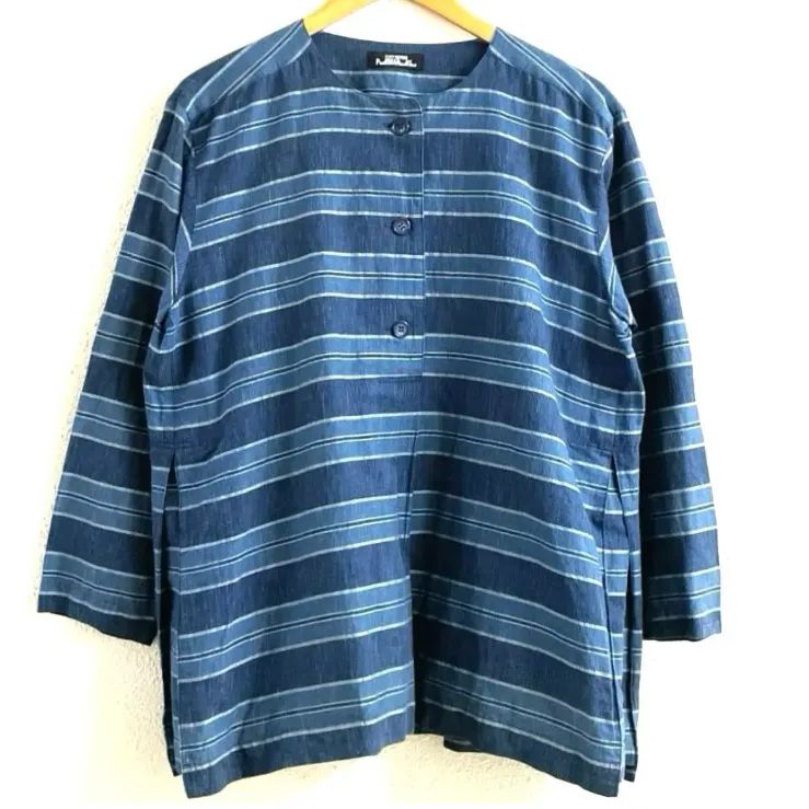 ISSEY MIYAKE PERMANENTE ボーダー 綿 麻 ブラウス M