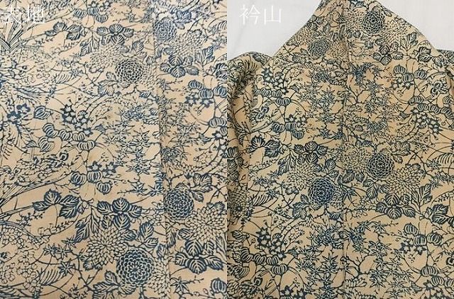 平和屋着物▽上質な小紋 単衣 本藍 型絵染 風景草花