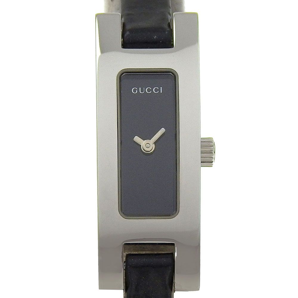 GUCCI グッチ 3900L ステンレススチール×型押しレザー クオーツ アナログ表示 レディース 黒文字盤 腕時計