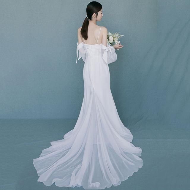 ホワイト ウェディングドレス サテン 結婚式ドレス ボートネック