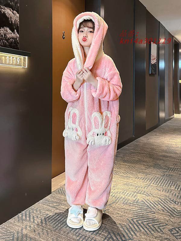豊富な品揃え。 キッズパジャマ オールインワン うさ耳付き 長袖 ルームウェア フード付き 女の子 子供服 秋冬 可愛い フランネル 部屋着 ふわふわ 暖か 防寒 kni4a301119