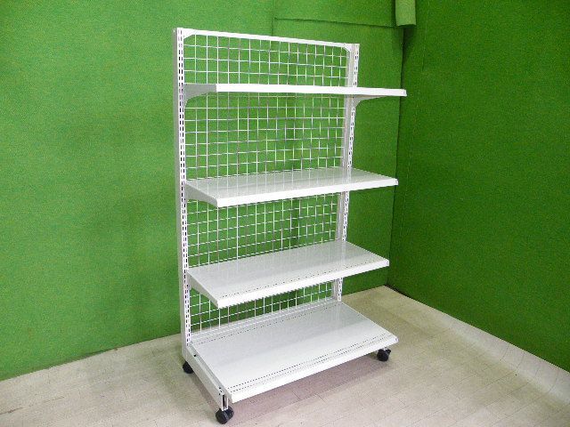 オカムラ製 H155cm×W90cm 単体片面3段エンド什器 キャスター付き 背面ネットタイプ キックプレート無し 陳列棚|システム什器 S-614