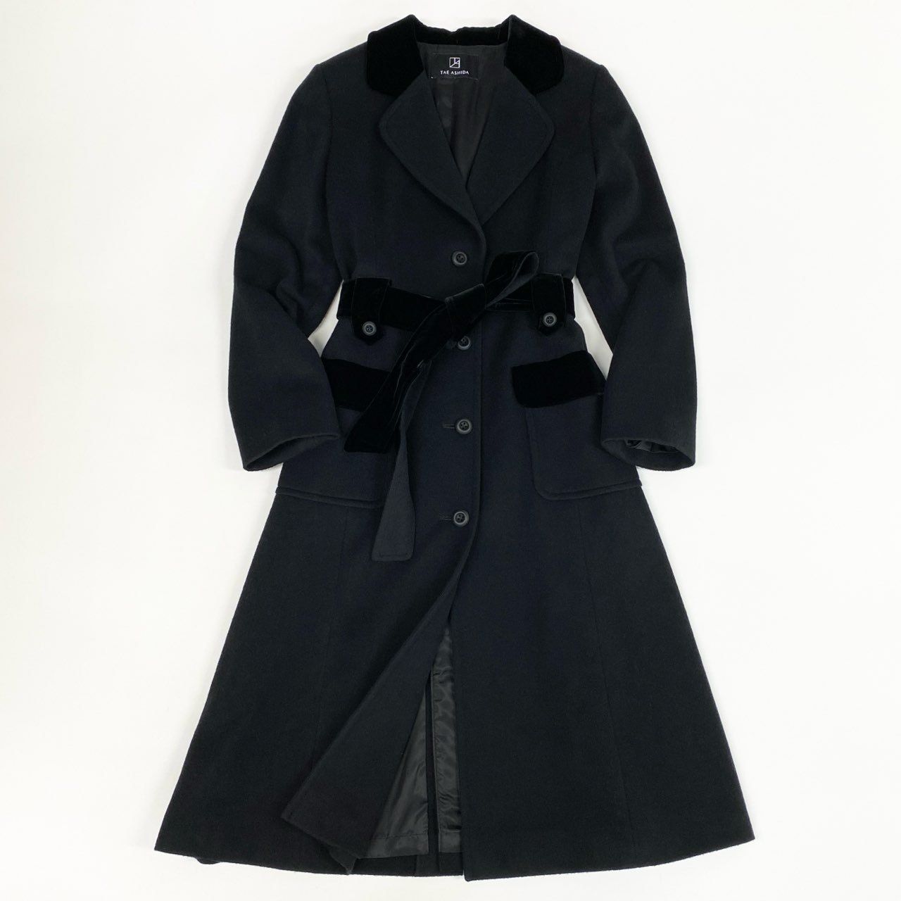 57j17 TAE ASHIDA タエアシダ チェスターコート アウター ベルベット ウール ベルト付き TC9706 11サイズ ブラック レディースu02t