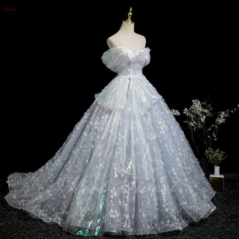 ライトブルー オフショルダー カラードレス[カバン付] ロングドレス カラードレス 結婚式 袖あり オフショルドレス