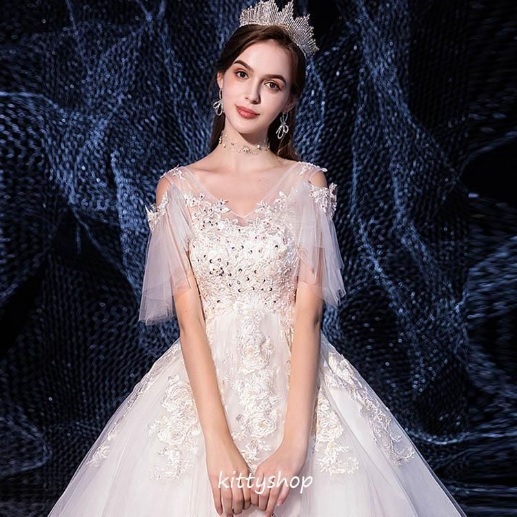 ❤ ウェディングドレス 袖あり 白 Aライン キレイめ 花嫁ドレス 結婚式ドレス トレーンドレス お姫様 ロングドレス 海外挙式 披露宴 二次会ド