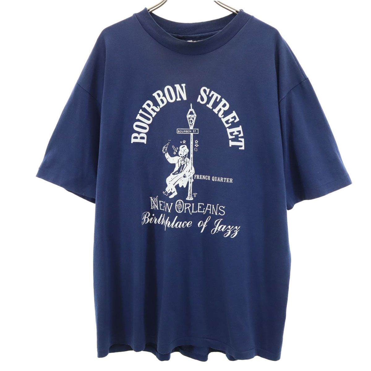 80s 90s オールド BOURBON STREET 半袖 Tシャツ ネイビー シングルステッチ メンズ 古着