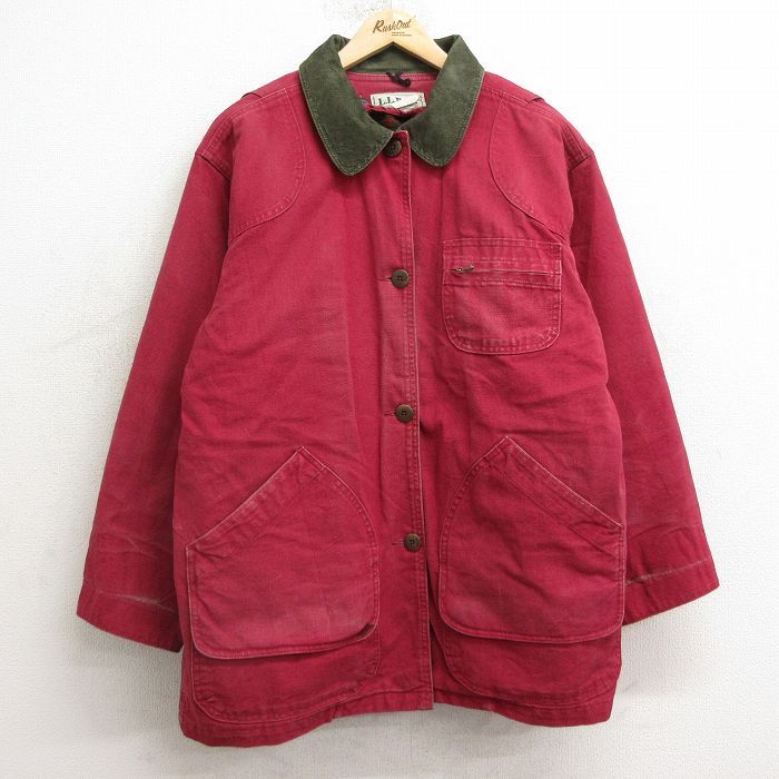 古着 エルエルビーン LLBEAN 長袖 ジャケット カバーオール レディース 80s 襟コーデュロイ ダック地 赤 レッド 内側ウール 24nov13 中古