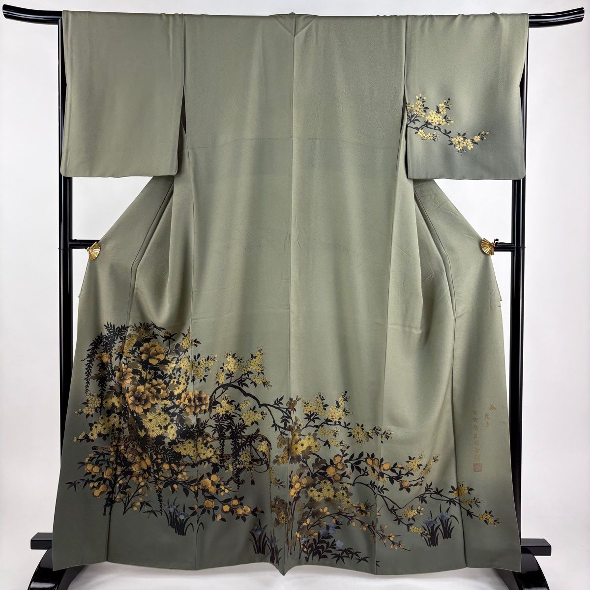 訪問着 身丈163cm 裄丈67cm M 袷 落款 花車 草花 金銀彩 ぼかし 灰緑 正絹 秀品